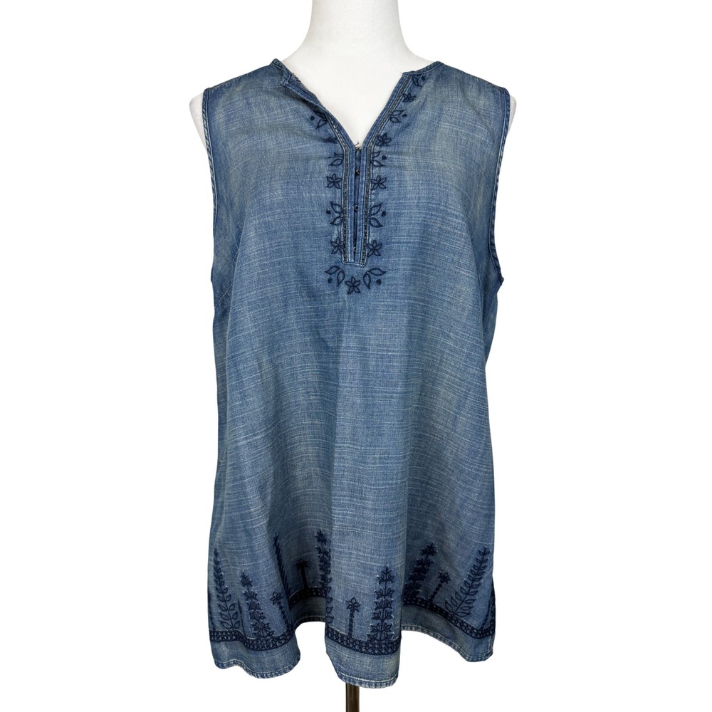 Vintage America Blues Women Cotton L Blue Embroidered Chambray Sleeveless Tunic